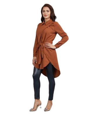 China Viable Muslim Turtle Neck Solid Color Button Dovetail Curved Bottom Women's Long Sleeve Blouse for sale