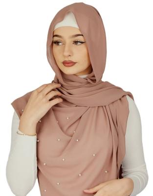 China Polyester Fashion Women Plain Solid Pearl Beaded Muslim Hijab Scarf Women Chiffon Beaded Hijab Scarf Wraps for sale