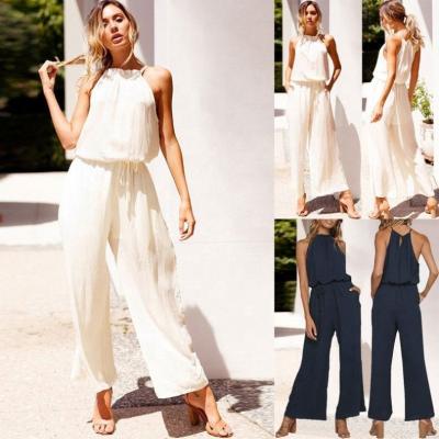 China Best Selling Causal Female Jumpsuit Viable Sexy Backless Loose Halter Spring And Lace Pocket Summer for sale