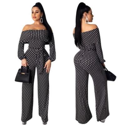 China New Ladies Overalls Romper Anti-Static Clothing Off Shoulder Dots Print Wide Leg Long Sleeve Autumn Sexy Club Wear Women One Piece Jumpsuit for sale