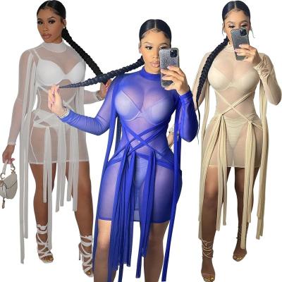 China Viable Women Dress Sheer Sexy Mesh Full Sleeve High Elastic Mini Dresses Summer Sheath (No Underwear) Half Bandage Collar for sale