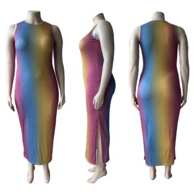 China Anti-Wrinkle Plus Size Bodycom Dresses Summer Print Split O Neck Maxi Dress Tie Dye Sleeveless Casual Dress for sale