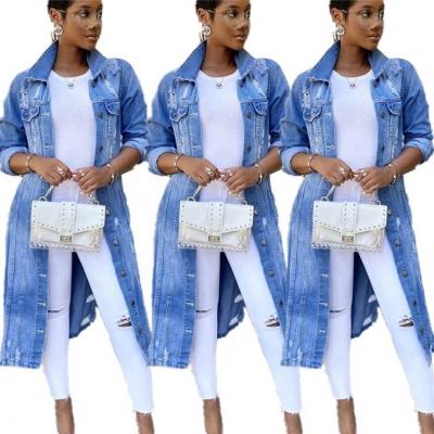 China 2021 Viable Trending Ripped Denim Lattice Jacket Long Sleeve Drop Jackets Women for sale