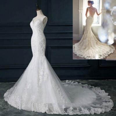 China Dry Cleaning V-Neckline Beaded Applique Mermaid 2021 Real Photo Cheap Wedding Dresses Plus Size Women Bridal Gowns for sale