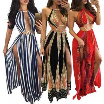 China Thin polyester breathable backless beach dress deep V slit and side and and different size for choice patchwork quivering for sale