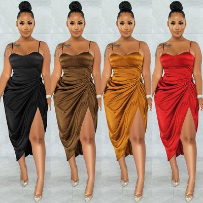 China Women Clothing Satin Sling Backless Viable Hot Selling Dress Pleats Side Slit Dress Sexy Midi Dress for sale