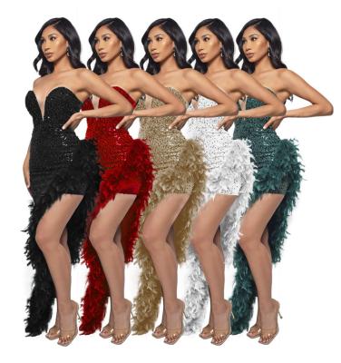 China High Quality Viable Women Sequins Dress Feather Strapless Dress Edge Backless Maxi Dress Cocktail Party for sale