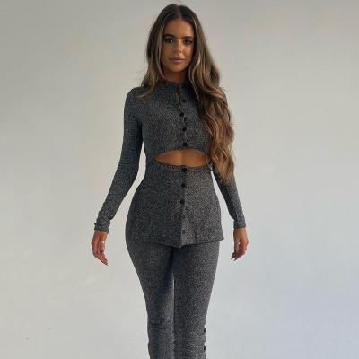 China Lady Breathable Sport Wear Suit Single Breasted Cut Out Casual 2 Piece Set Of Long Cardigan Pants for sale