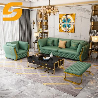 China Estilo Modular Modern Design Green Leather Tufted Gold Metal Frame One Two Three Seater Couch Sofa Set for sale