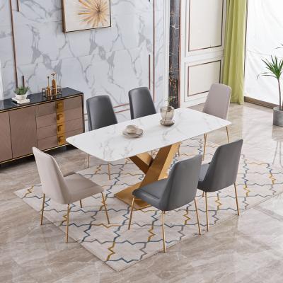 China Dining Dining Table SUNLINK Luxury Marble Top V Metal Base Dining Chairs And Table for sale