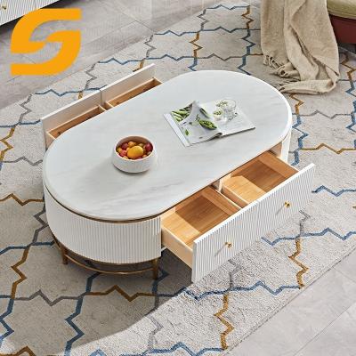 China Contemporary Luxury High Quality Travertine Marble Storage 4 Drawers Stainless Steel Metal Frame Top Low Wooden Coffee Table for sale