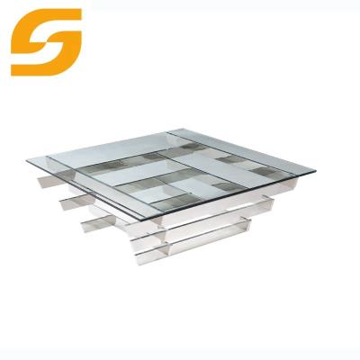 China Contemporary Unique Modern Square Glass Mirror Stainless Steel Top Silver Metal Base Coffee Table for sale