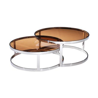 China Contemporary Luxury Brown Glass Transparent Round Nesting Stainless Steel Frame Silver Coffee Table Set for sale