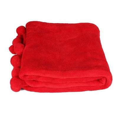 China PORTABLE Luxury Solid Red Polyester Throw Microfiber Fleece Pompom High Quality Coral Blanket Large for sale