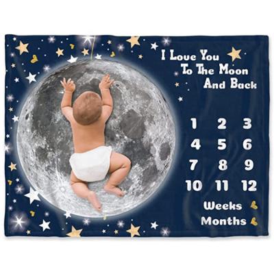 China Baby Anti-Pull New Design Comfy and Fluffty Blanket Love You To The Moon And Star Space Milestone Back Customizable Blanket For Baby for sale