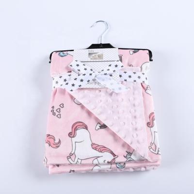 China Cartoon print unicorn double layer pink thick fluffy anti-pilling wrap super soft baby minky stitch blanket for sale