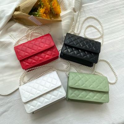 China Hands 2021 New Fashion Messenger Bags Bead Chain Small Square Bags PU Leather Cross - Body Bag for sale