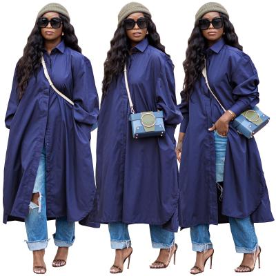 China Blue Lapel Maxi Dress Street Lounge Wear Hot Sale Fashion Sale Row Long Sleeve Pocket Shirt Anti-Static Single Dress Women Casual for sale