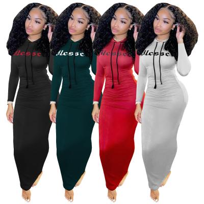 China Autumn And Winter Fashion Casual Anti-Static Hooded Solid Color Pleated Dress Long Skirt Women Letter Print Velvet Sweatshirt Maxi Dress for sale