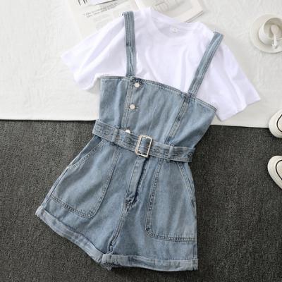 China 2021 new Korean version of the Anti-wrinkle loosely distressed waist bottom women's denim shorts overalls for sale