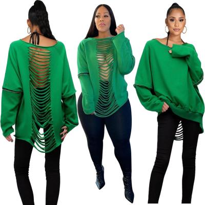 China 2021 New QUICK DRY Stylish Long Sleeve Sweatshirt Women Green Back Hollow Out Patchwork Design T-shirt Sweatshirt Drop Chain Wear for sale