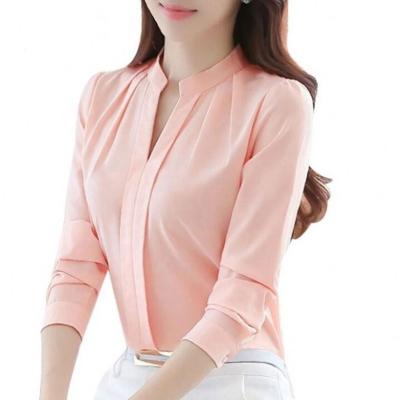 China Anti-wrinkle 2021 Korean V-neck long sleeve fashion office elegant ladies use chiffon blouses for sale