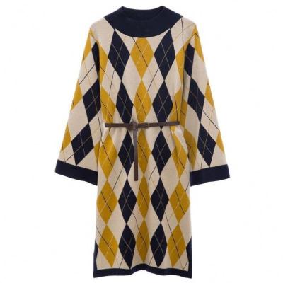 China 2021 New Retro Dress Toilet Diamond Check Half High Collar Long Sleeve Anti-Shrink Sweater Casual Dress for sale