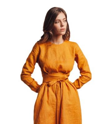 China 2021Women Clothing Breathable Canvas Dresses Summer Crew Neck Midi Linen Dress With Belt for sale