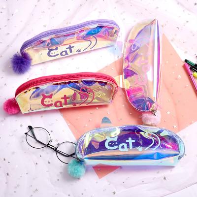 China Cheap School Pencil Case Holographic Transparent Laser Cat Stationery Wholesale Pencil Case Korean Cute Laser Clear For Kids for sale