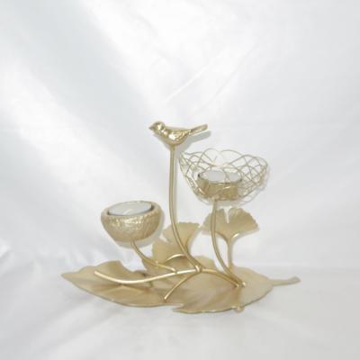 China Home Decoration Leaf Base Gold Color Metal Flower Wall Art Iron Flower Metal Candle Holder With Bird for sale