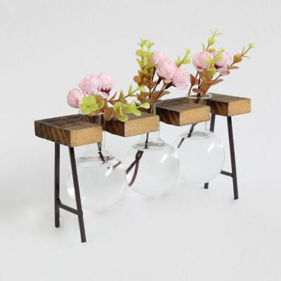 China Modern Hot Selling 3 Piece Flower Vase Stand Glass Boiling Flask New Style Wooden Decoration for sale