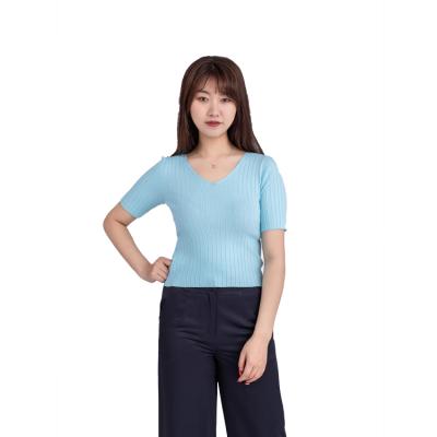 China Women's Clothing Anti-Wrinkle Thin Casual Knitting Short Sleeve Women's Sweater T-shirt Custom Soft Textile Top for sale