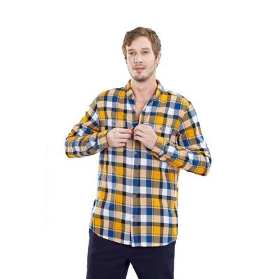 China 2021 Fashion Yellow Long Sleeve Mens Anti-pilling Plaid Shirt Lon Shirt Classic Fabric Men Wear for sale