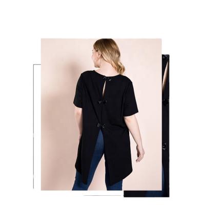 China Plus Size Women's Asymmetrical Anti-pilling Ladies Long Black Shirt Blouse Fashion Back Bow Button Slit for sale