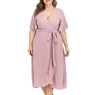 China Anti-wrinkle plus size women ruffle short sleeve fashion pink ladies dresses sexy asymmetric v-neck edge sash dress dresses for sale