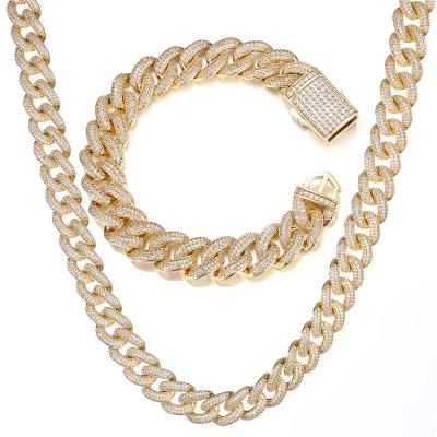 China 14mm Hiphop 18k Gold Rhodium Plated Cuban Link Chain Iced Out CZ Necklace For Men for sale