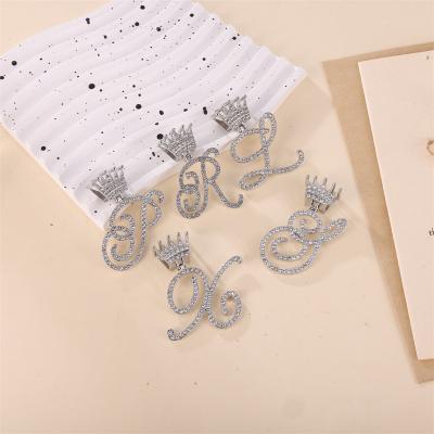 China Trendy Hiphop Fashion Gold Plated Initial Letter Alphabet Hip Hop Iced Out Crown Button Crystal Pendant Necklace for sale