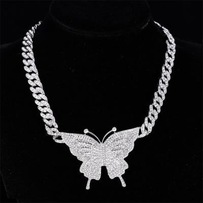 China Fashion Trendy Hiphop Fashion Jewelry Iced Out 11mm Bling Butterfly Creative Alloy Cuban Chain Crystal Necklace for sale