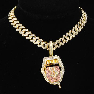 China Trendy Hiphop Fashion Jewelry Iced Out Bling Hiphop Lip Tongue Pendant With Tennis Chain Necklaces for sale