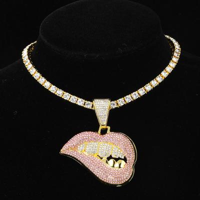 China Trendy Hiphop Jewelry Iced Out Bling Lip Teeth Gold Pendant With Tennis Chain Necklaces for sale