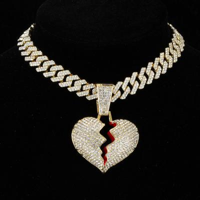 China Hiphop Hip Hop Miami Jewelry CZ Rhinestone Bling Broken Heart Cuban Chain Necklace Pendant For Men's Gift for sale