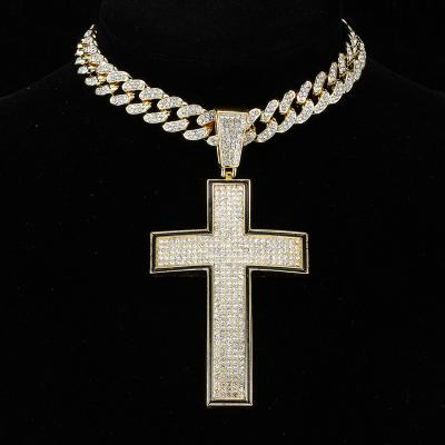 China Hip Hop Miami Jewelry Bling Crystal Full Drill Cross Necklace Cuban Chain Pendant CZ Rhinestones For Men's Gift for sale