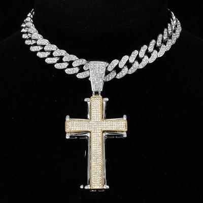 China CZ Cuban Chain Rhinestones Miami Hip Hop Jewelry Bling Necklace Fancy Cross Pendant For Men's Gift for sale