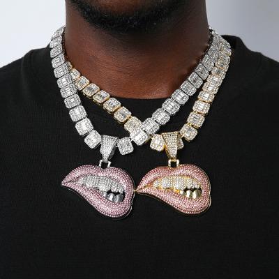 China Big Size Cuban Chain Red Lip Rhinestone CZ Miami Hip Hop Miami Jewelry Pendant Necklace For Men's Gift for sale