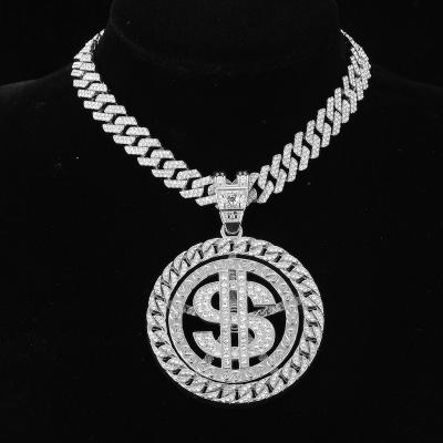 China Hiphop 18k Gold Plated Round US Dollars Symbol $ Large Size Dish Pendant Necklace With 12mm Cuban Chain for sale