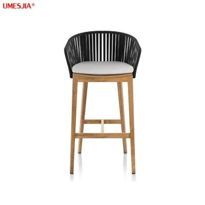 China Modern Bar Furniture Italy Bar Furniture Solidwood Teak Mood Bar Stool Chair With High Back Strip Rope Bar Chair for sale