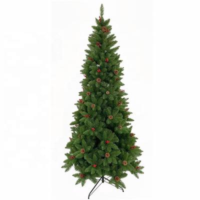 China Wholesale High Quality Green Pointed Modern Christamas Decoration PVC Christmas Tree 210cm With Pine Cones And Red Berries for sale