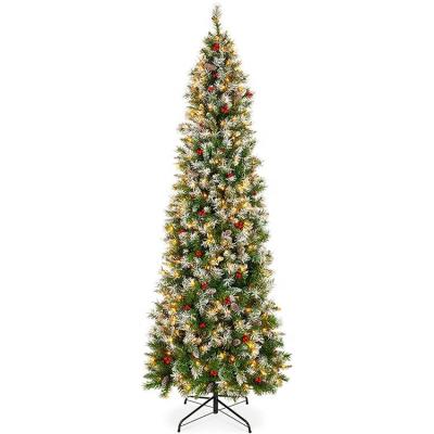 China Christamas Decoration 7.5ft Slim Prelit Artificial Christmas Tree With Pine Cones And Red Berries for sale