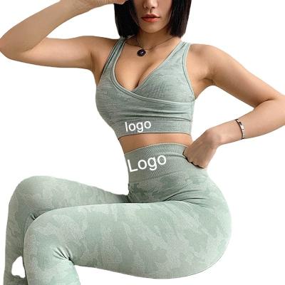 China Breathable Logo Two Pieces Womens Seamless Customized Leggings And Bra Set Camouflage Womens Sports Yoga Set Gym Sets Clothing Women for sale