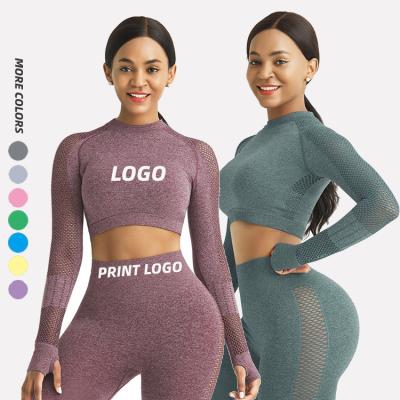 China Best Selling Moisture Wicking Plus Size Hollow Out Mesh Long Sleeve Yoga Crop Top Women's Fitness Yoga Sports Wear for sale